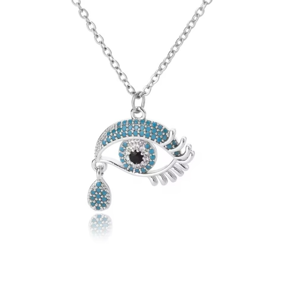 18K White Gold Turquoise & Diamond Paved Evil Eye Crying Tear Pendant Necklace - Picture 2 of 4